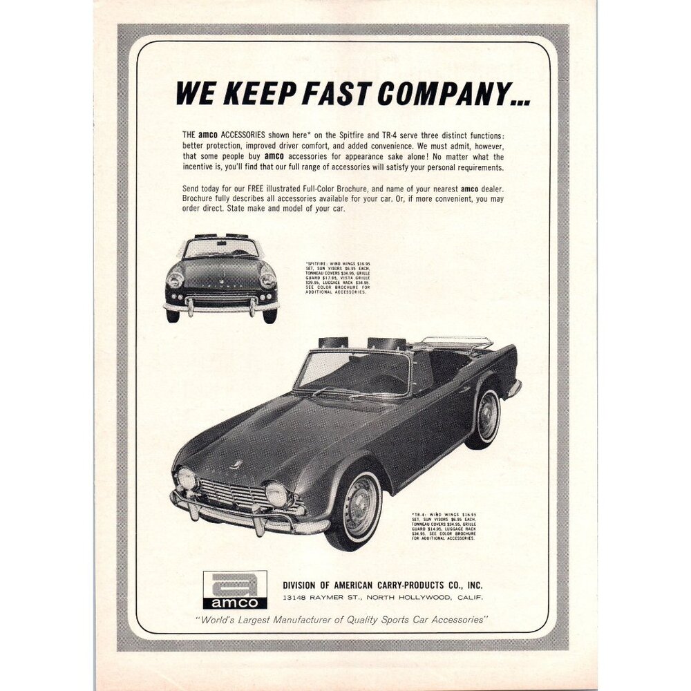 1964 Amco Car Accessories Triumph TR-4 Convertible Vintage Print Ad 60s Wall Art